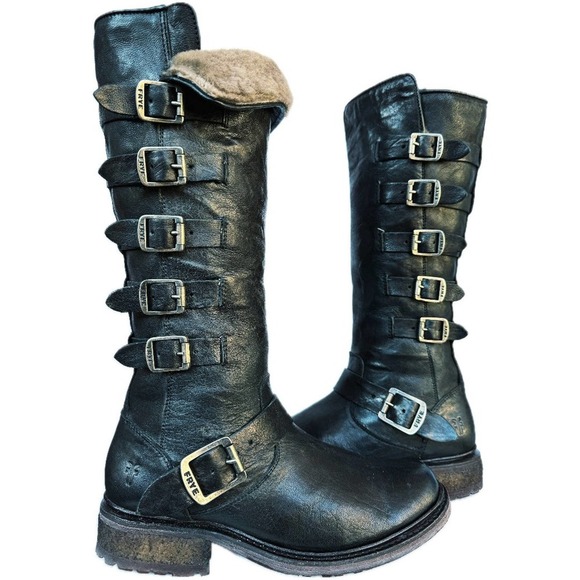 FRYE Valerie Belted Shearling Tall Black Biker Moto Motorcycle Winter Boots 7.5 - Picture 2 of 6